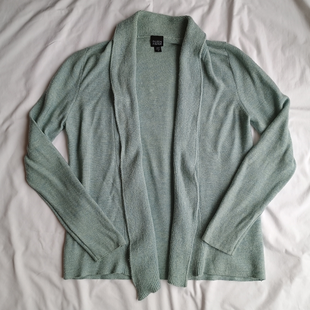 Eileen Fisher Cardigan Women's M Merino Wool Open Front Mint Green Fine Knit